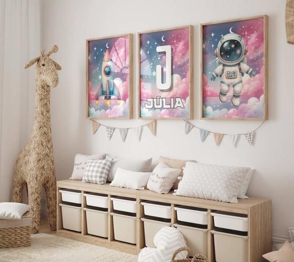 Kit 3 Quadros Decorativo Moldura Astronauta Infantil A3