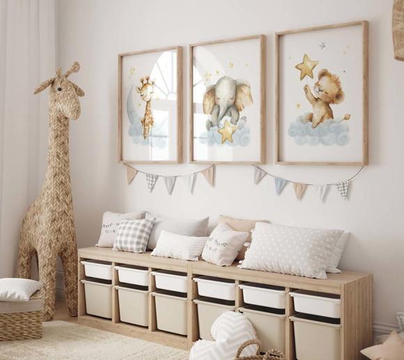 Kit 3 Quadros Decorativos Moldura Bebe Safari Dormindo A3