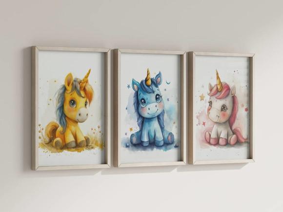Kit 3 Quadros Decorativos Moldura Unicórnio Infantil Decorar