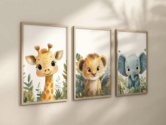 Kit 3 Quadros Decorativos Moldura Safari Infantil A4 24x34