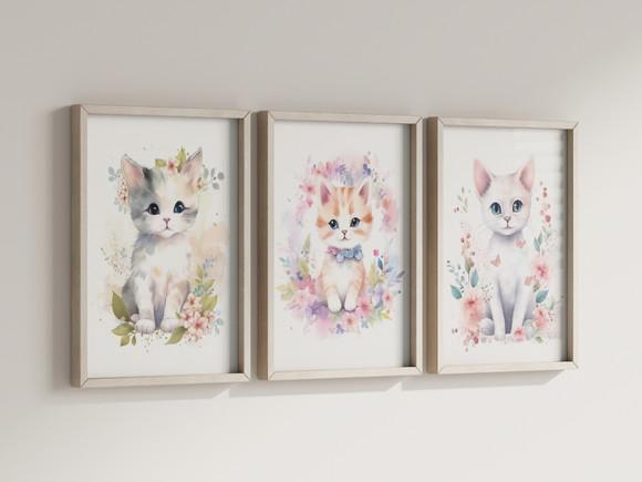 Kit 3 Quadros Decorativos Moldura Gato Flor B