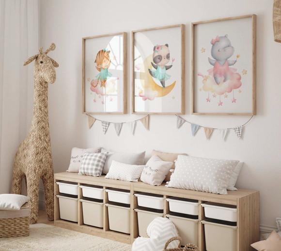 Kit 3 Quadros Decorativos Moldura Safari Menina Bailarina A3