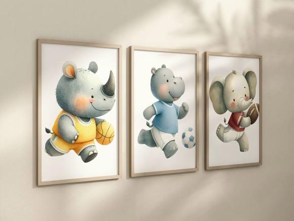 Kit 3 Quadros Decorativos Moldura Bebe Safari Animal Bola