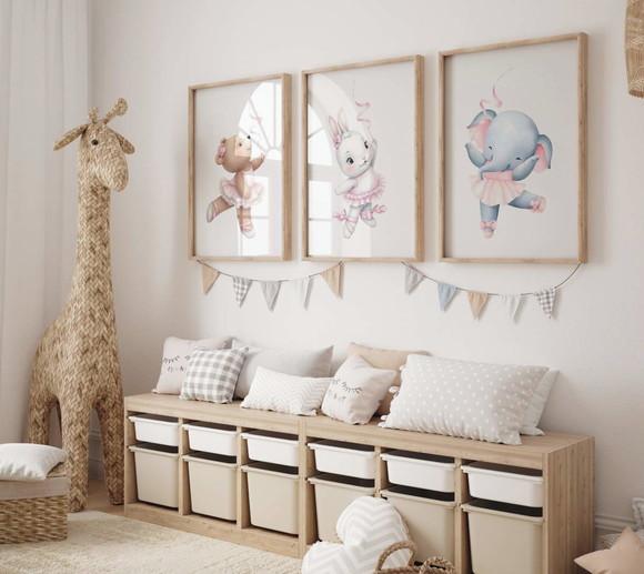 Kit 3 Quadros Decorativos Moldura Safari Menina Bailarina A3