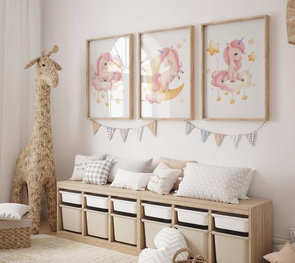 Kit 3 Quadros Decorativos Moldura Unicórnio A3