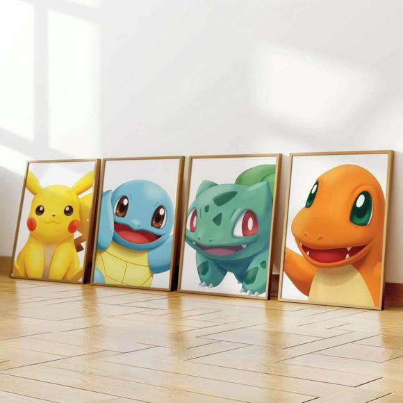 Kit 4 Quadros Decorativos Moldura Pokémon Arte Premium A3