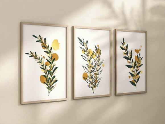 Kit 3 Quadros Decorativo Folhas Douradas e Verdes A4