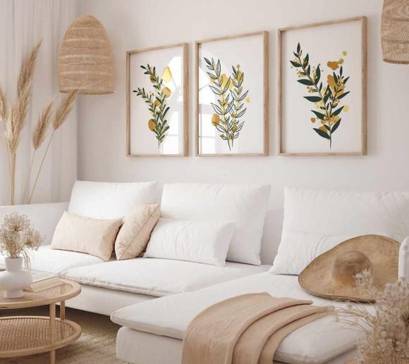 Kit 3 Quadros Decorativo Folhas Douradas e Verdes A3