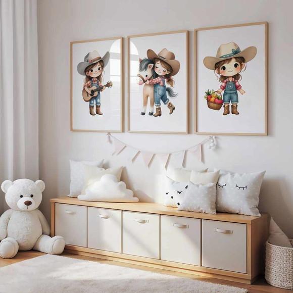 Kit 3 Quadro Decorativo Moldura Menina Fazendinha Cowgirl A2