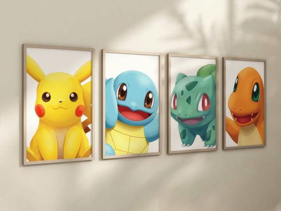 Kit 4 Quadros Decorativos Moldura Pokémon Arte Premium A4