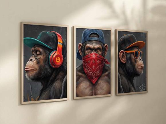 Kit 3 Quadro Decorativo Moldura 3 Macacos Sábios A4