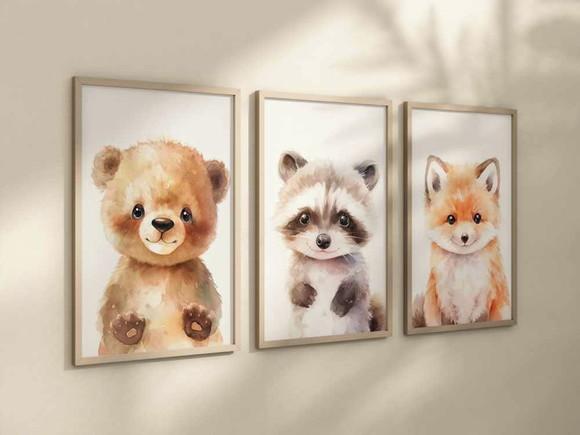 Kit 3 Quadros Decorativo Animais Fofinho Aquarela Berçário