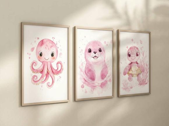 Kit 3 Quadros Animais Marinho Fundo do Mar Berçário Rosa A4