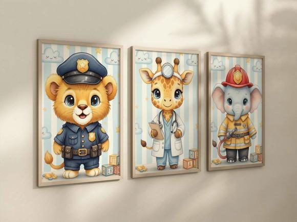 Kit 3 Quadros Animais Fofinhos Policial Ambulância A4