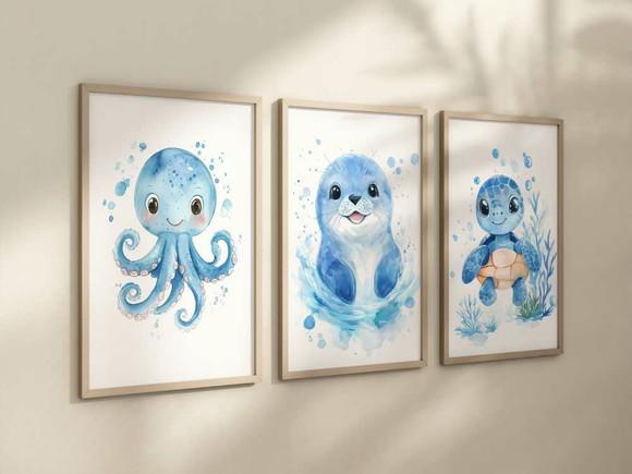 Kit 3 Quadros Animais Marinho Fundo do Mar Berçário Azul A4