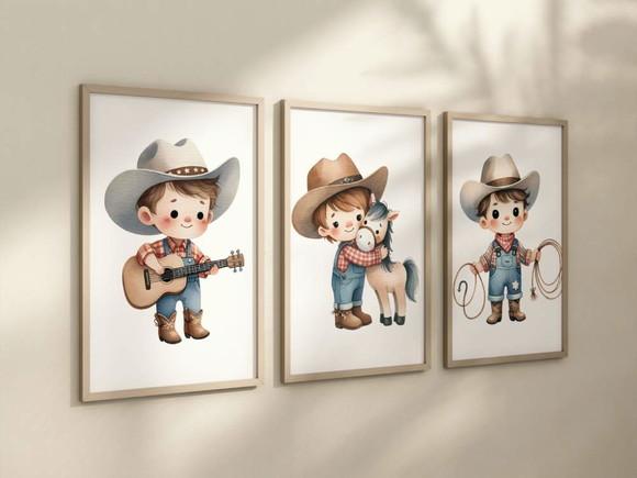 Kit 3 Quadros Decorativo Moldura Menino Fazendinha Cowboy A4