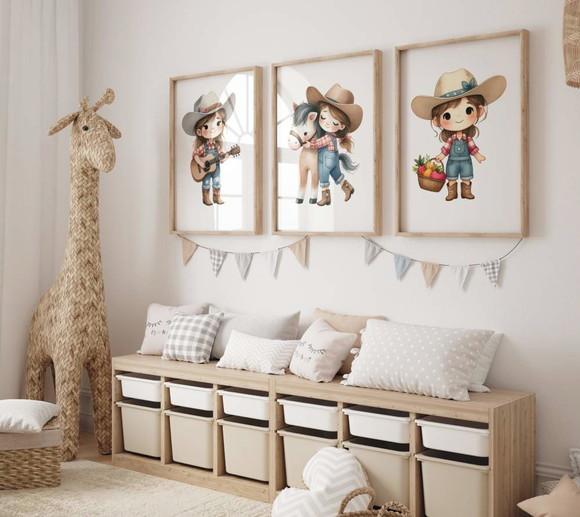 Kit 3 Quadro Decorativo Moldura Menina Fazendinha Cowgirl A3