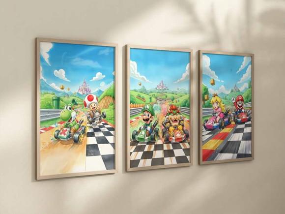 Kit 3 Quadros Decorativos Moldura Mario Personagens Kart A4