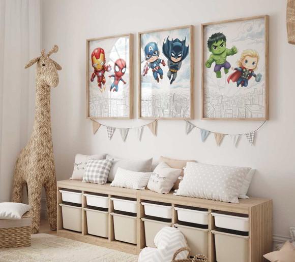 Kit 3 Quadros Decorativos Moldura Super-heróis Baby 34x44