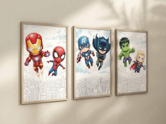 Kit 3 Quadros Decorativos Moldura Super-heróis Baby 24x34