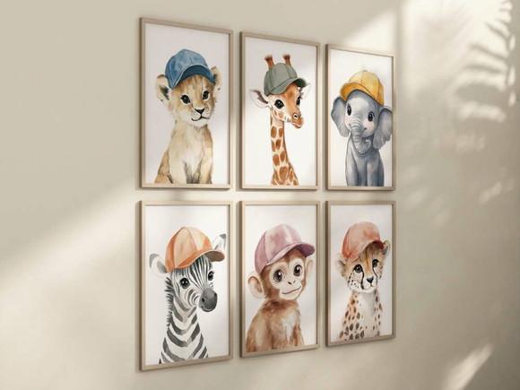 Kit 6 Quadros Decorativos Moldura Bebe Safari Animal Boné A4