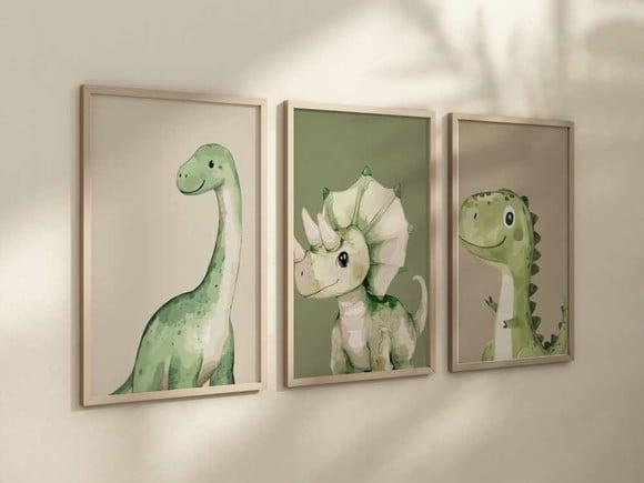 Kit 3 Quadros Decorativos Dinossauro Berçário A4 24x34