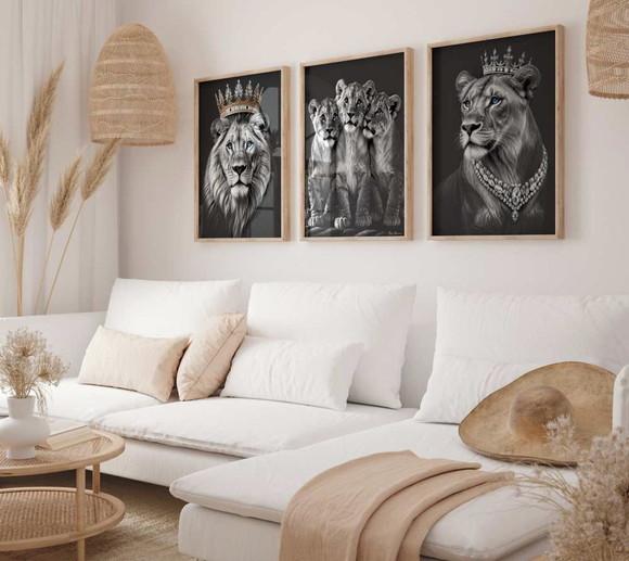 Kit 3 Quadros Decorativos Moldura Família de Leões A3