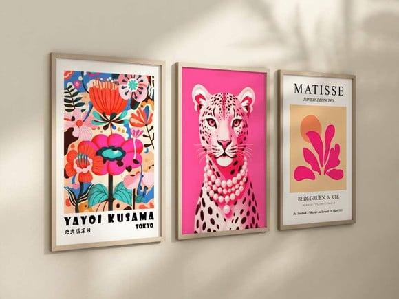Kit 3 Quadros Decorativos Moldura Matisse Picasso Pink A4