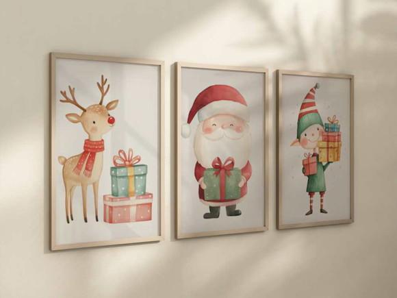 Kit 3 Quadros Decorativo Moldura Papai Noel Natal A4