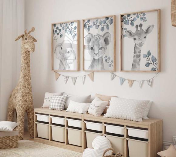 Kit 3 Quadros Decorativos Moldura Bebe Safari Animal A3