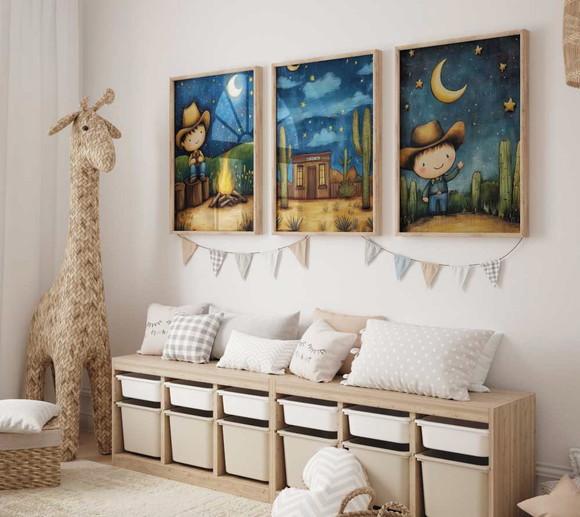 Kit 3 Quadros Decorativo Moldura Menino Fazendinha Cowboy A3