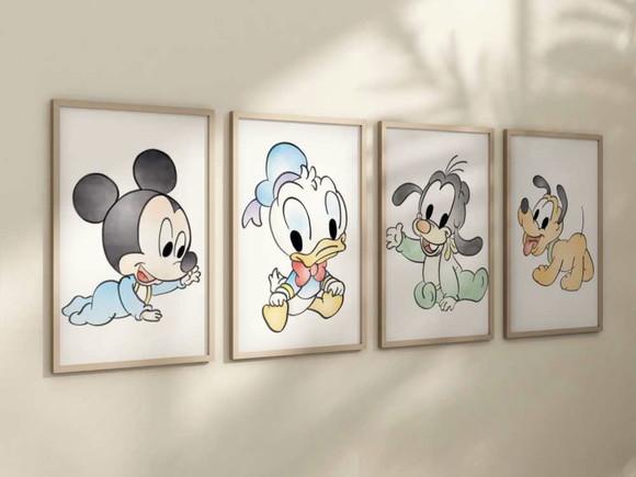 Kit 4 Quadros Decorativos Mickey Donald Pateta Baby Pluto A4