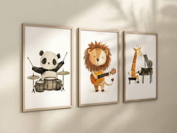 Kit 3 Quadros Decorativos Moldura Animais Musicais A4