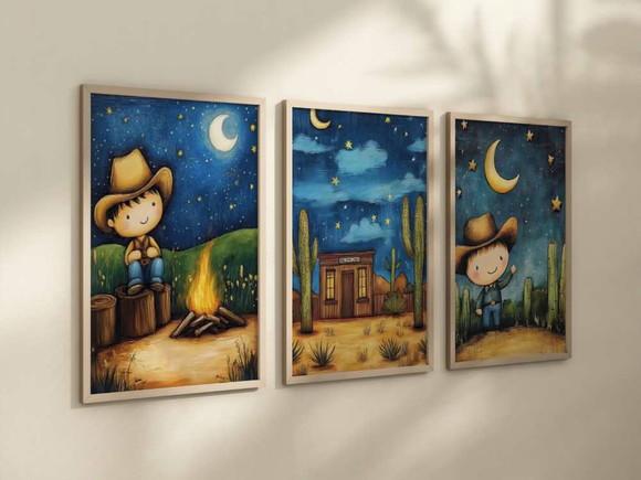 Kit 3 Quadros Decorativo Moldura Menino Fazendinha Cowboy A4