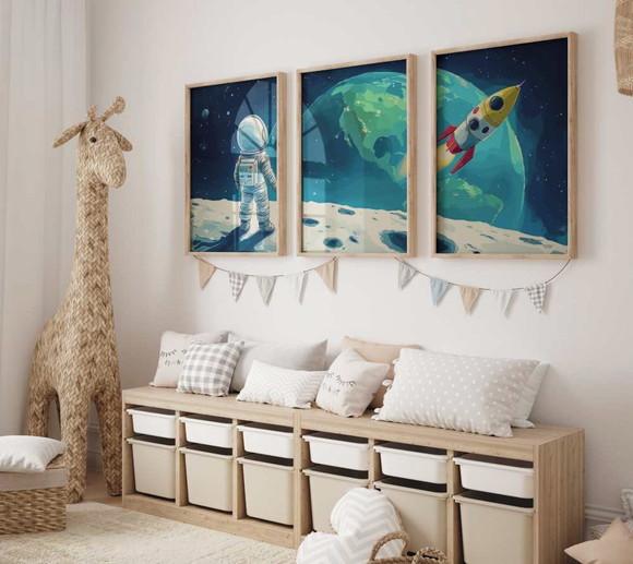 Kit 3 Quadros Decorativo Moldura Astronauta a Infantil A3