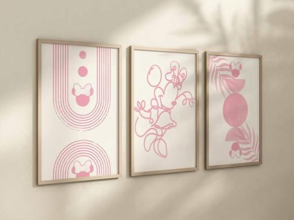 Kit 3 Quadros Decorativos Moldura Minnie Princesa Boho A4