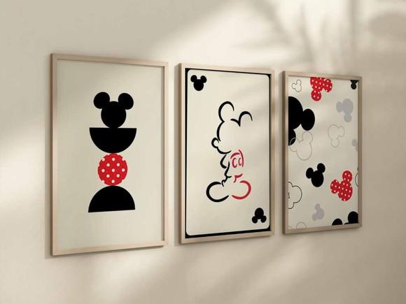 Kit 3 Quadros Decorativos Moldura Mickey Boho A4