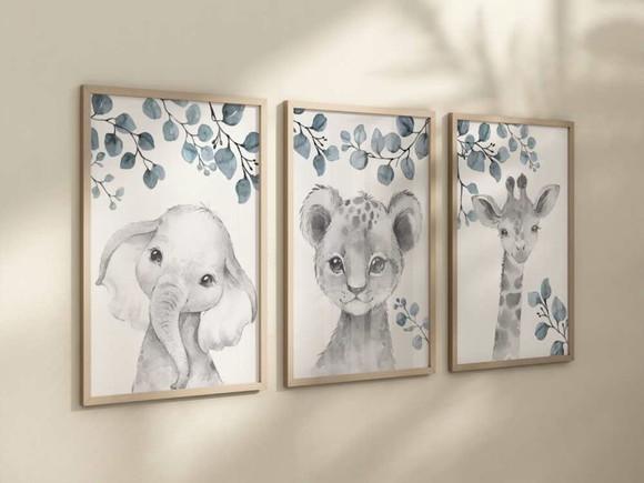 Kit 3 Quadros Decorativos Moldura Bebe Safari Animal A4