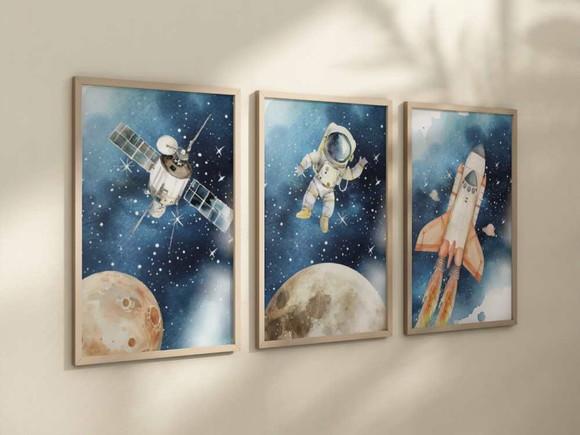 Kit 3 Quadros Decorativo Moldura Astronauta Berçário A4
