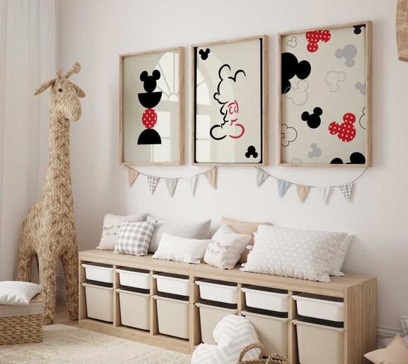 Kit 3 Quadros Decorativos Moldura Mickey Boho A3