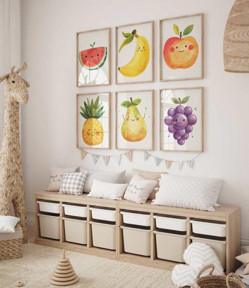 Kit 6 Quadros Decorativos Moldura Frutas Fofas A3