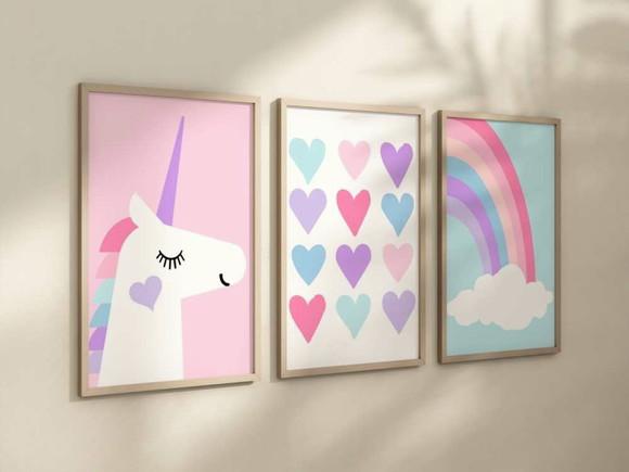 Kit 3 Quadros Decorativo Unicórnio Corações e Arco-íris A4