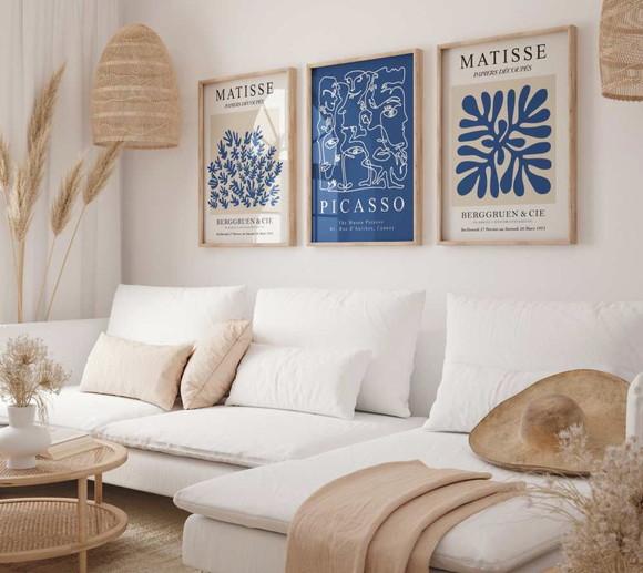 Kit 3 Quadros Decorativos Moldura Matisse Picasso Azul A3