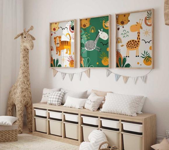 Kit 3 Quadros Decorativos Moldura Bebe Safari Animal A3