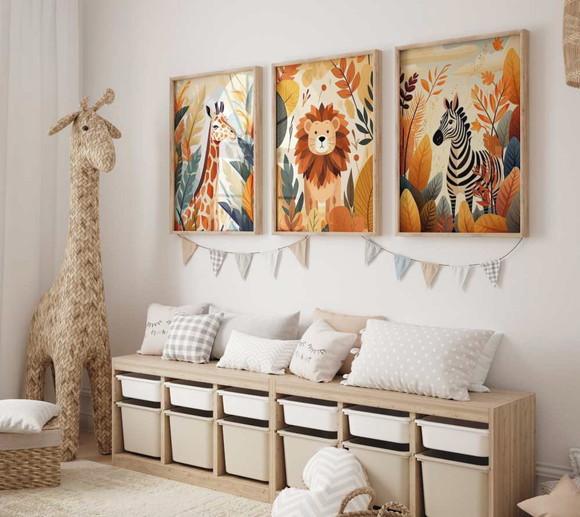 Kit 3 Quadros Decorativos Moldura Bebe Safari Animal A3