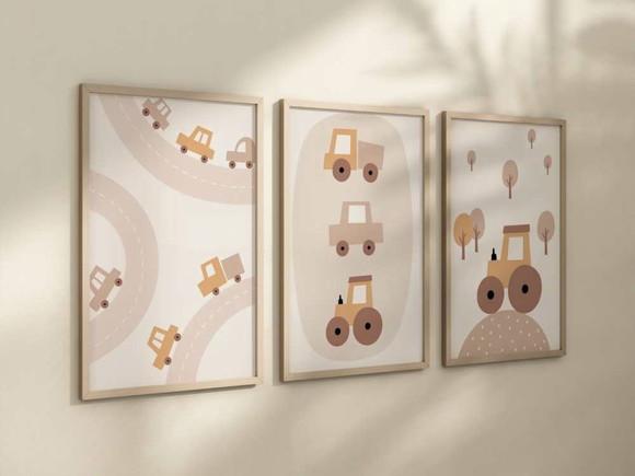 Kit 3 Quadros Decorativos Carrinhos A4