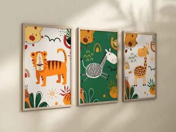 Kit 3 Quadros Decorativos Moldura Bebe Safari Animal A4