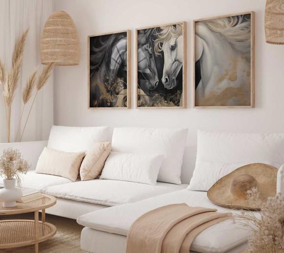 Kit 3 Quadros Decorativo Moldura Cavalo Contemporânea A3