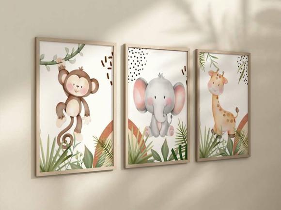 Kit 3 Quadros Decorativos Moldura Bebe Safari Animal A4