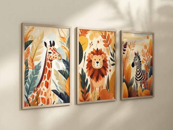 Kit 3 Quadros Decorativos Moldura Bebe Safari Animal A4